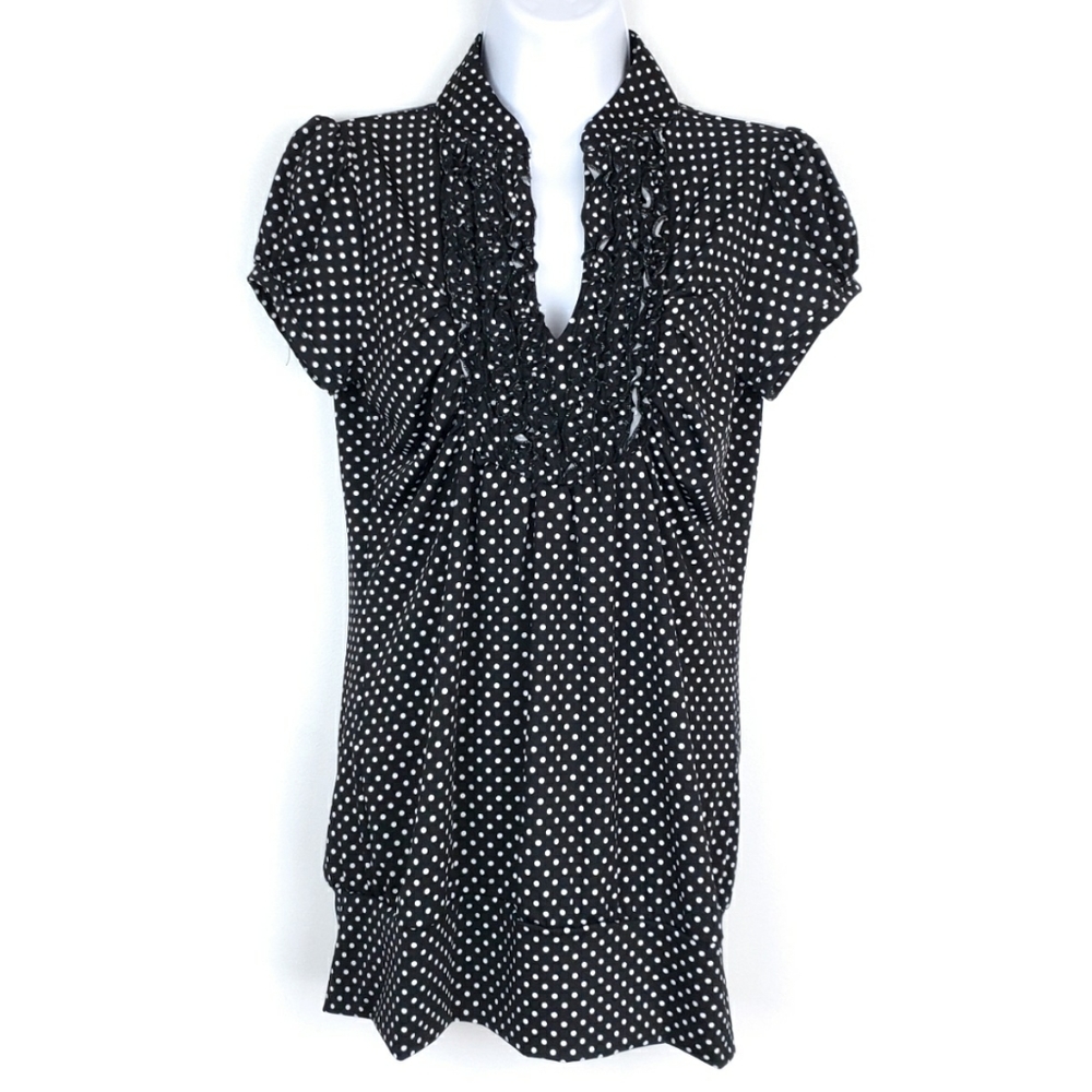 Free 2 Luv Short Sleeve Polka-Dot Top w/Ruffles, L